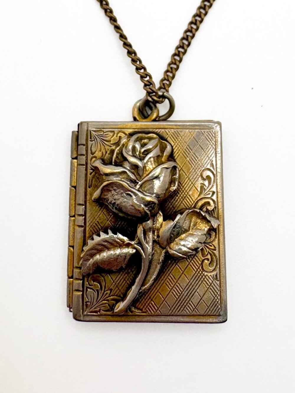 Vintage Book Locket Rose Necklace Gold Tone Photo Pendant